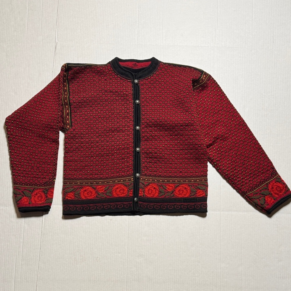 DALE OF NORWAY Vintage 100% Pure New Wool Fair Isle Rose Print Cardigan Jacket L